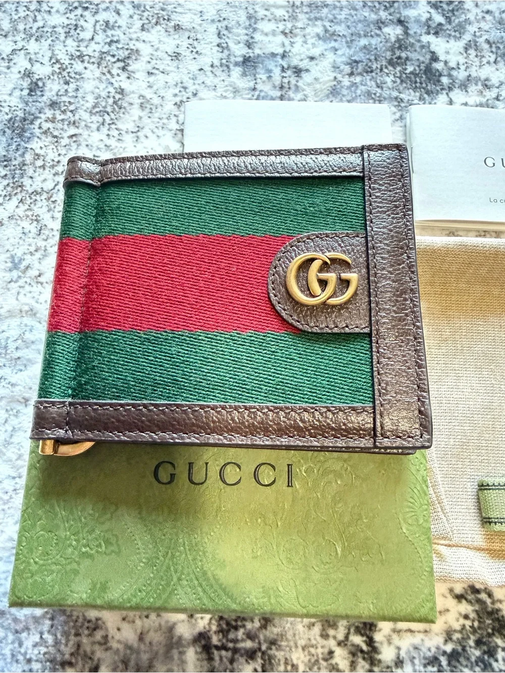 Gucci Brown Leather Money Clip and Card Case with Green and Red Web and Gold GG